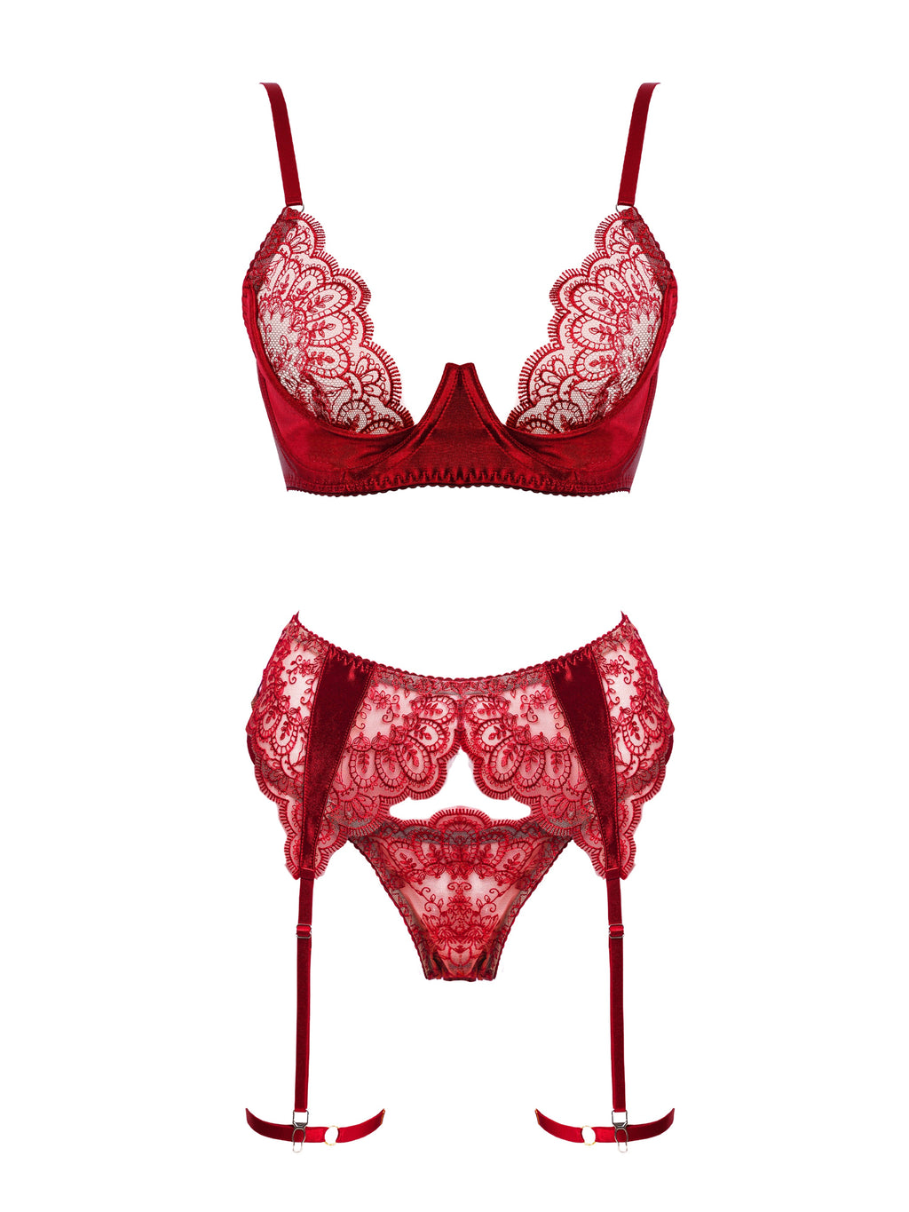Red lace lingerie set on a white background