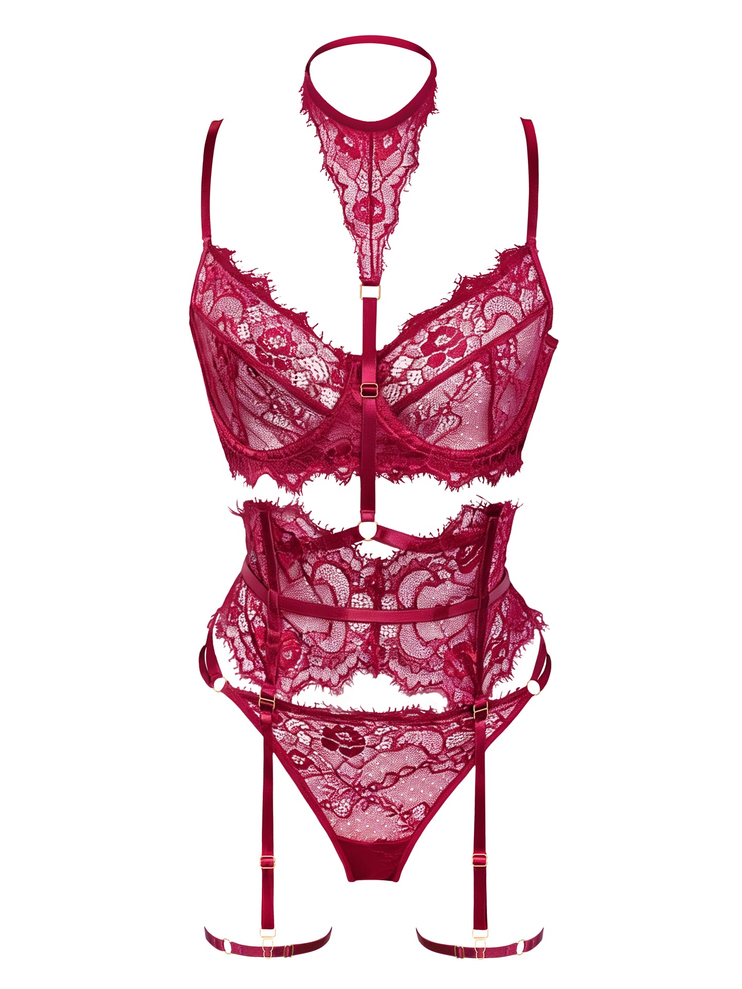 Red lace lingerie set on a white background