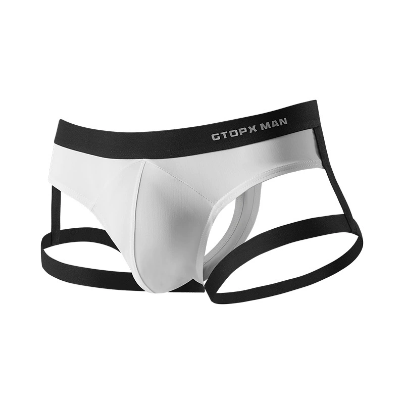 White men's underwear with black waistband and sides on a white background