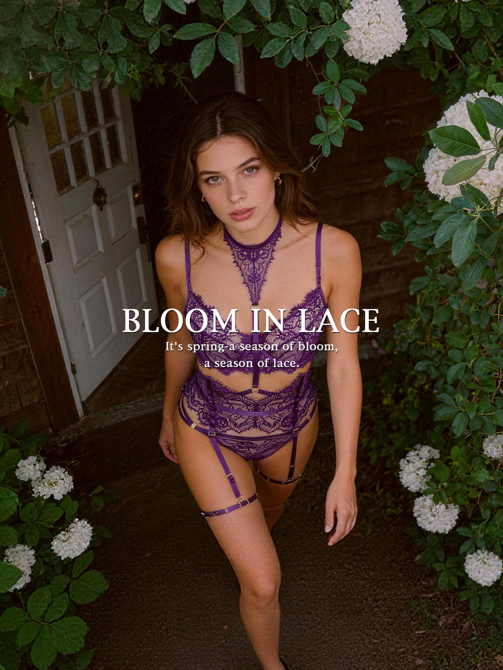 Woman wearing purple lace lingerie in a garden setting with text 'Bloom in Lace'.