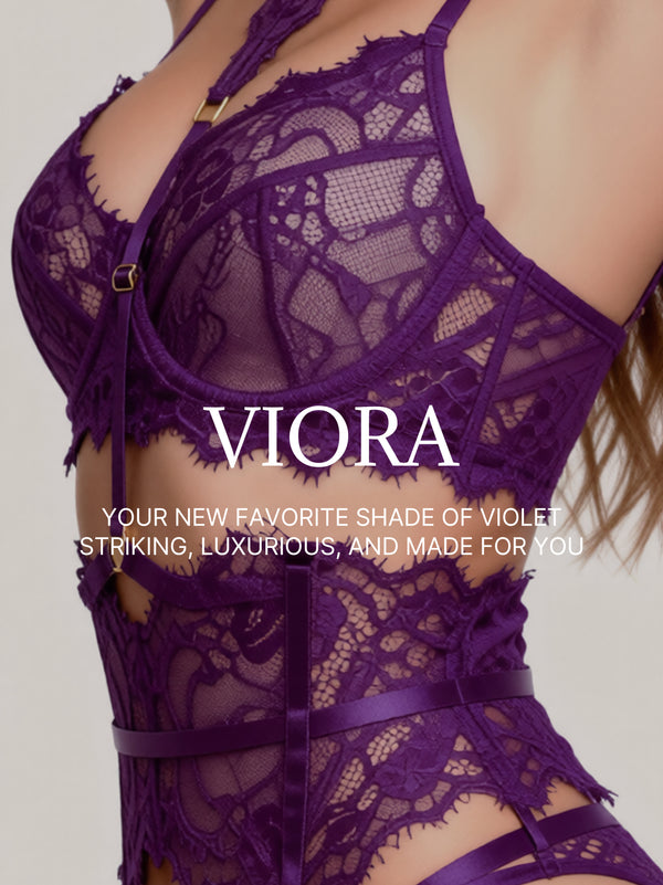 Purple lace lingerie with 'Viora' branding on a neutral background