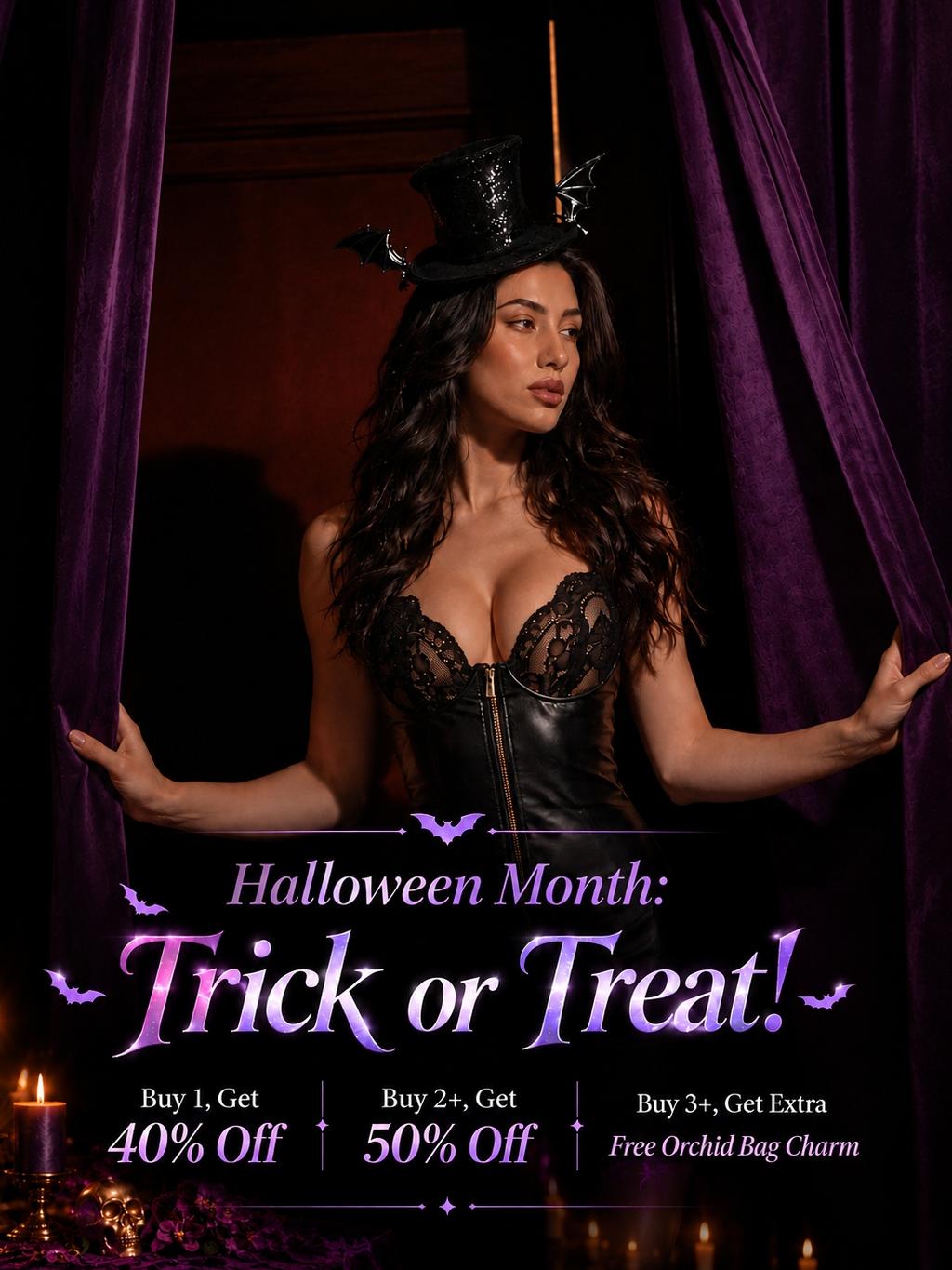 A woman in a black lace and faux-leather costume stands in front of purple curtains with promotional text for Halloween Month and Trick or Treat! sale offers overlaid at the bottom.