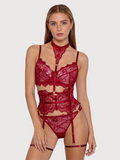 Red lace lingerie set worn by a model on a plain background