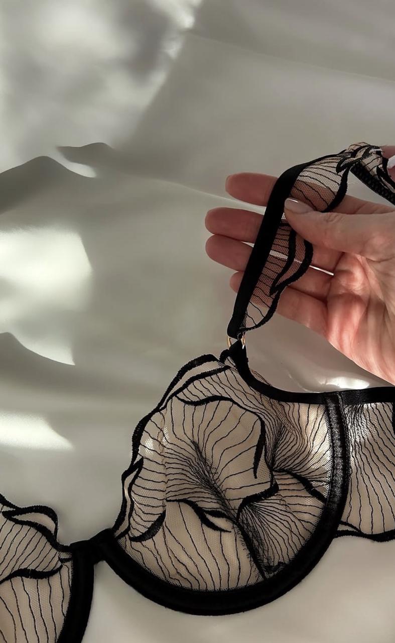 Black lace lingerie held by a hand on a white background