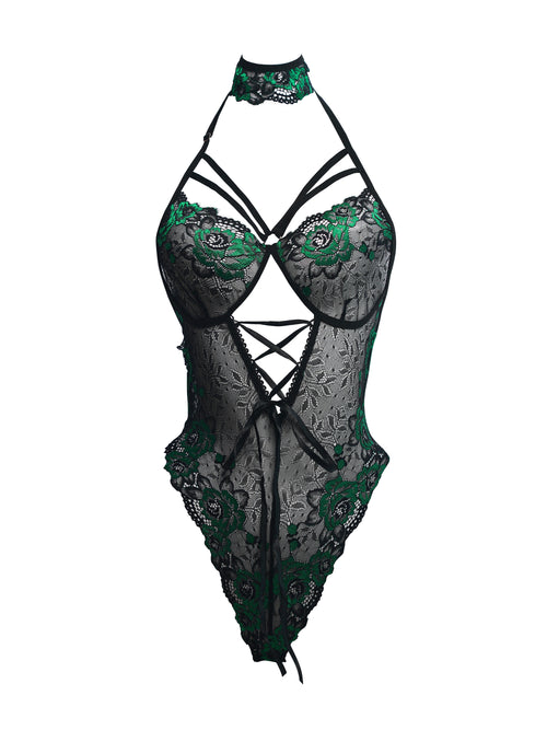 Black lace lingerie set with green floral details on a white background