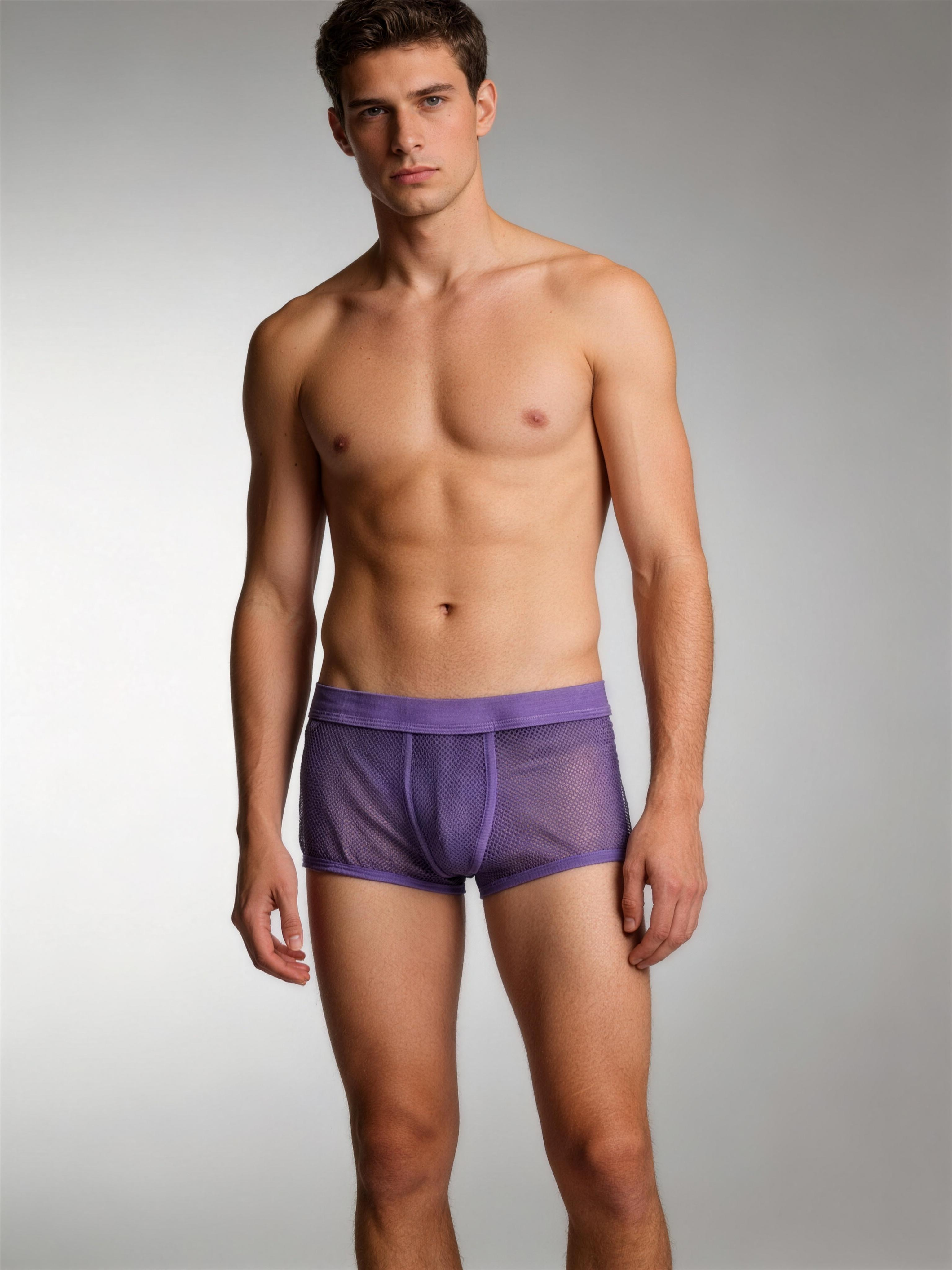 Man wearing purple underwear against a gray background