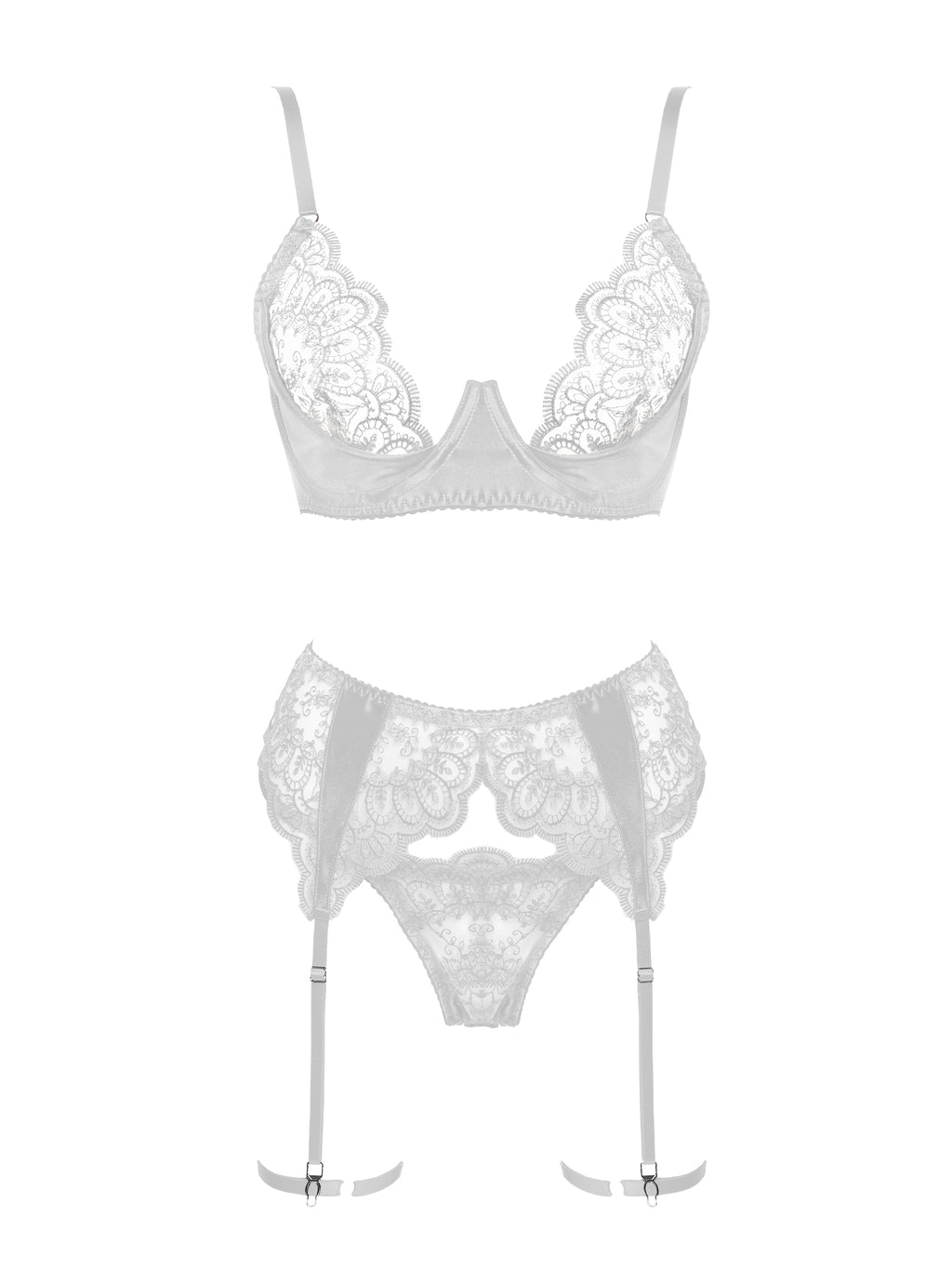 White lace bra and panties set on a white background