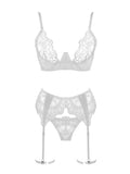 White lace bra and panties set on a white background