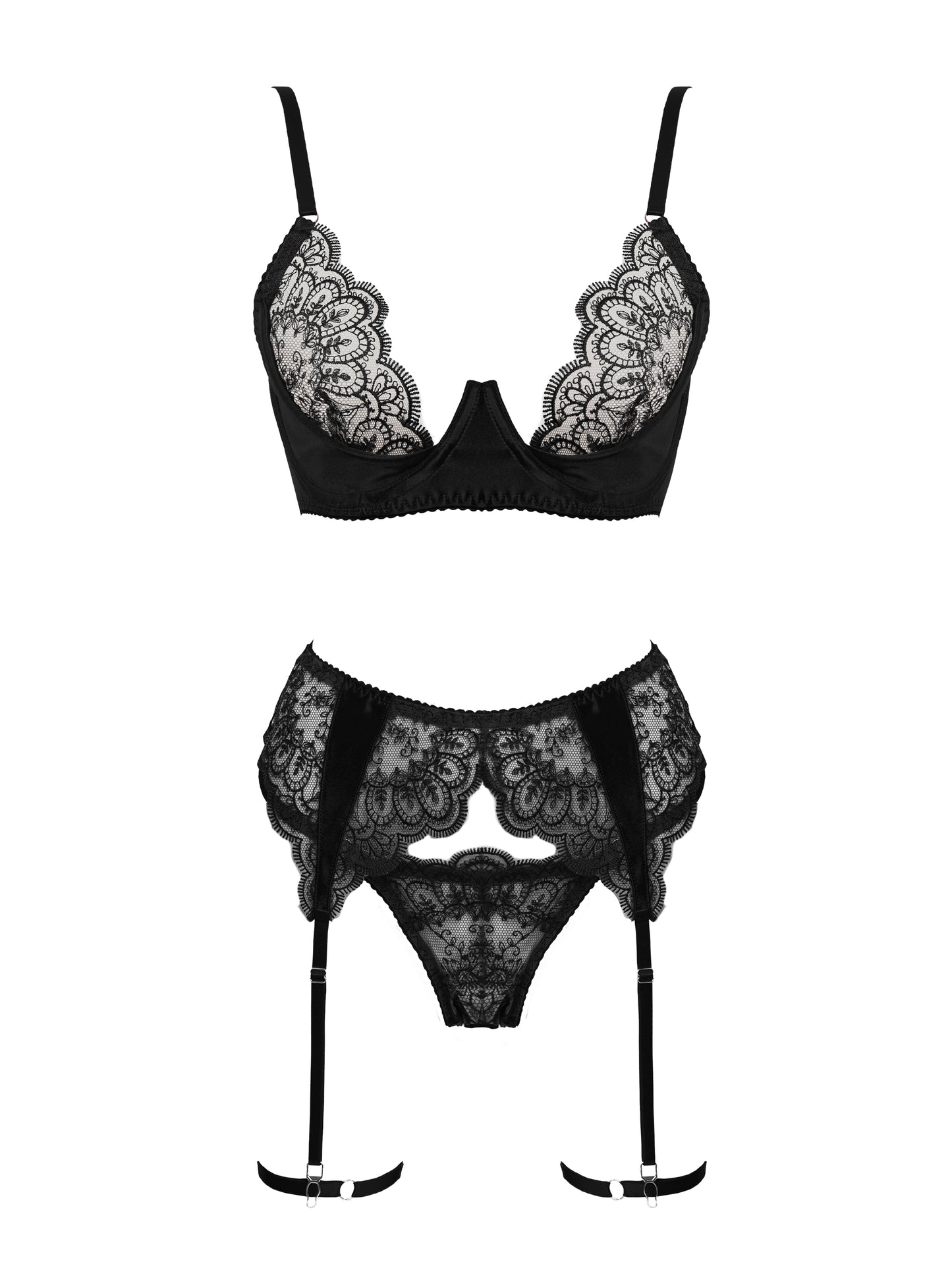Black lace lingerie set on a white background
