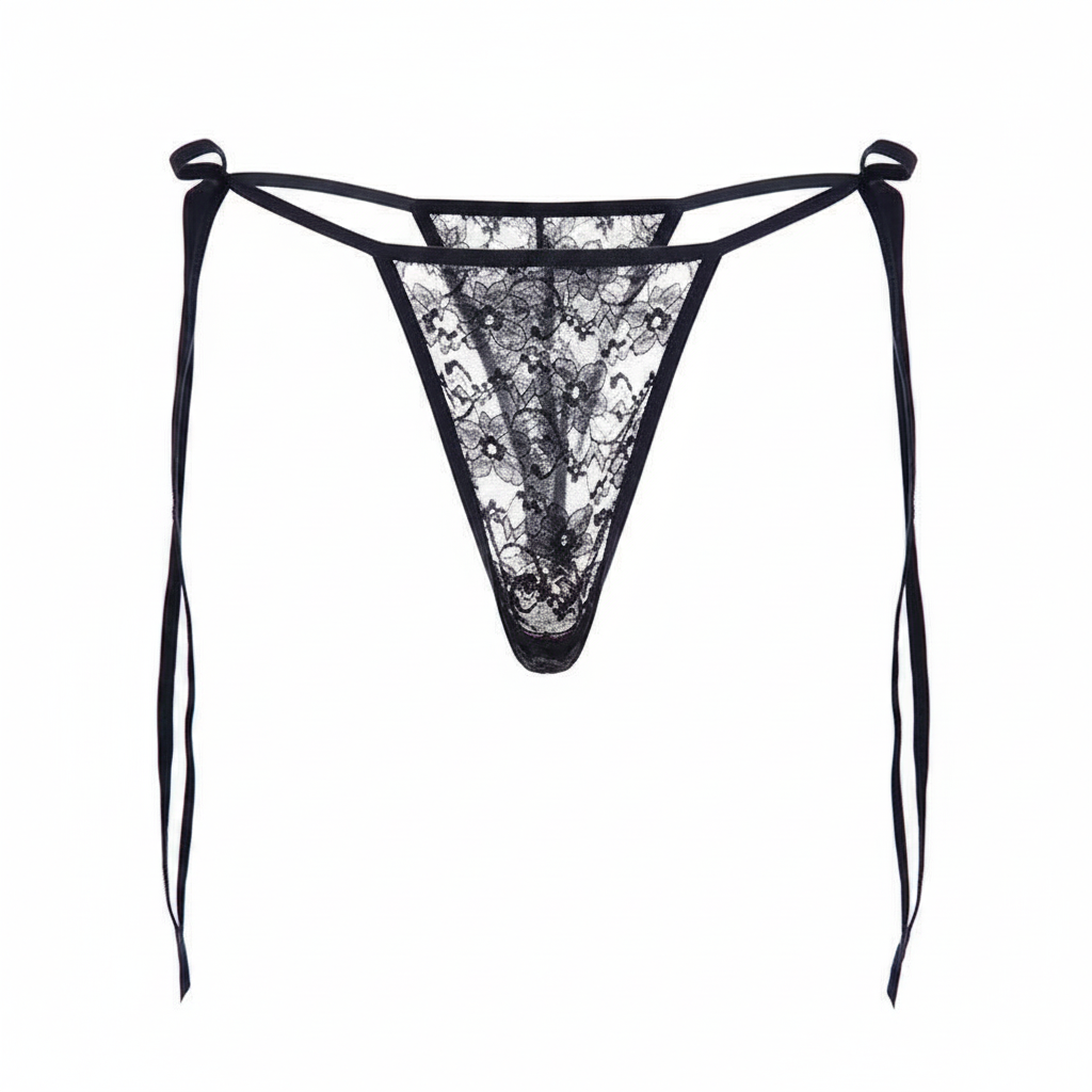 Black sheer floral lace thong with satin ribbon tie straps — vibrator-compatible underwear on white background