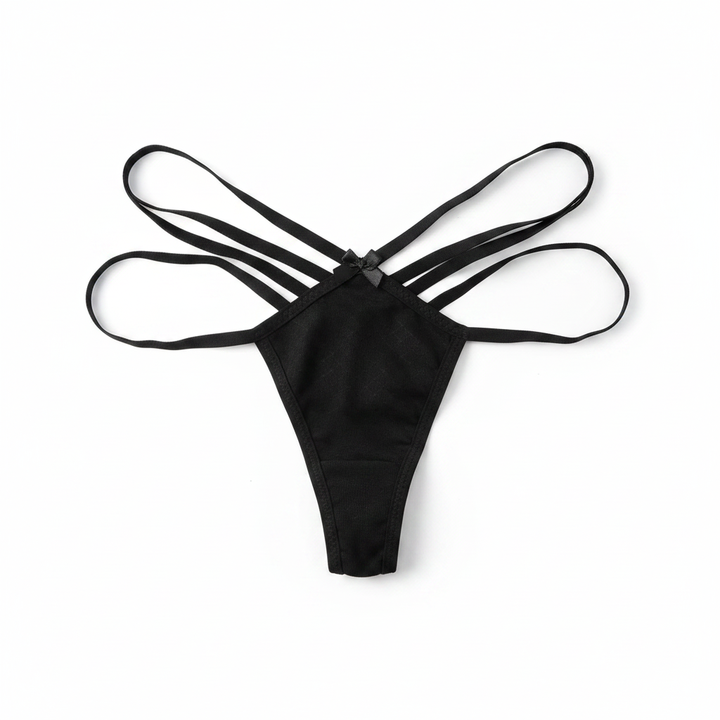 Black strappy vibe thong with bow — vibrator-compatible underwear front view on white background