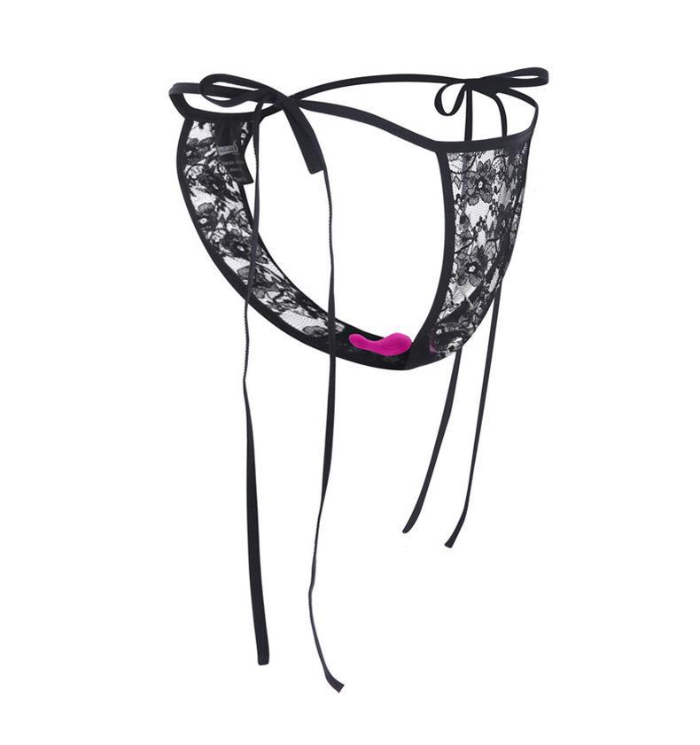 Black lace ribbon tie vibe thong back view showing open pocket design