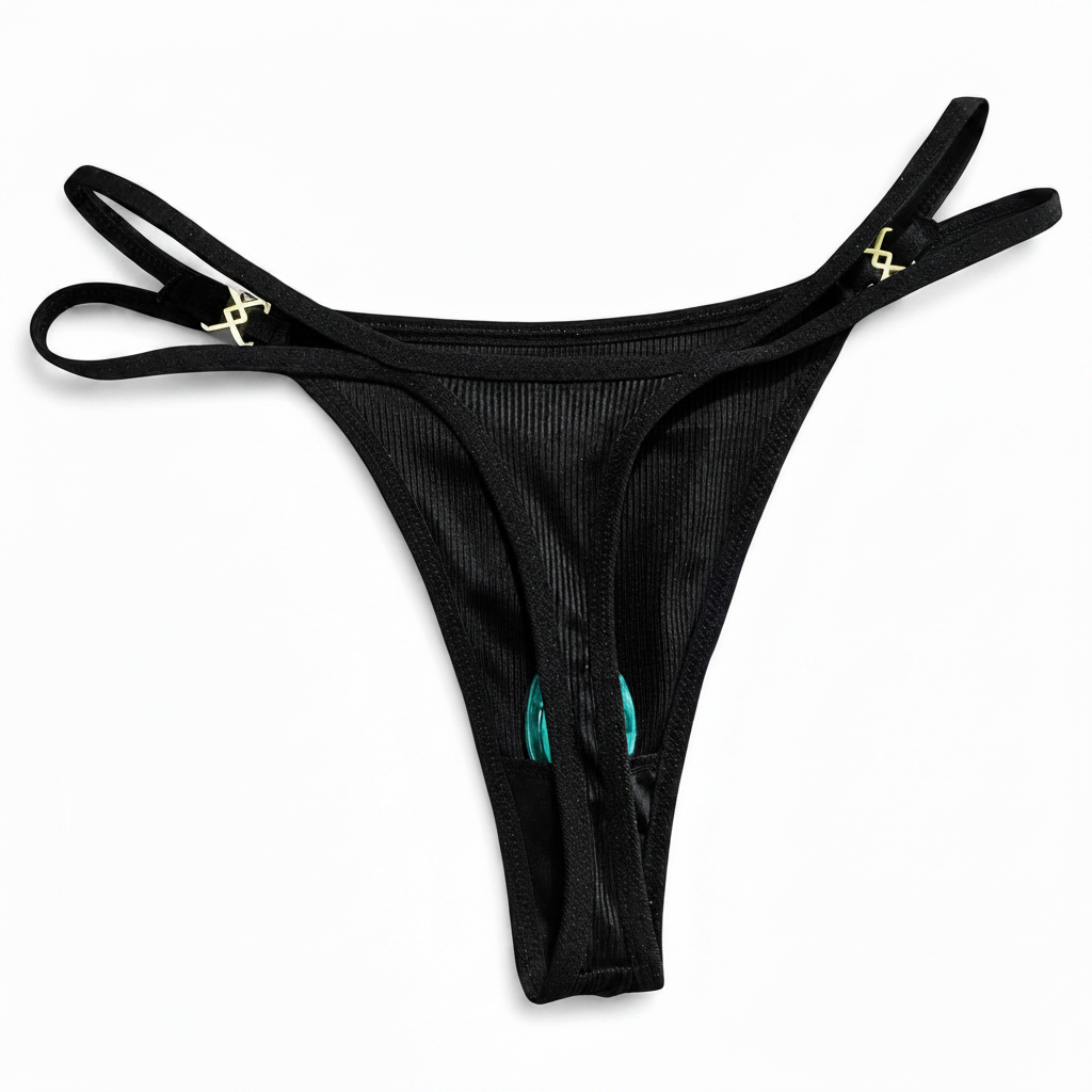 Black ribbed thong with gold clasp hardware on white background