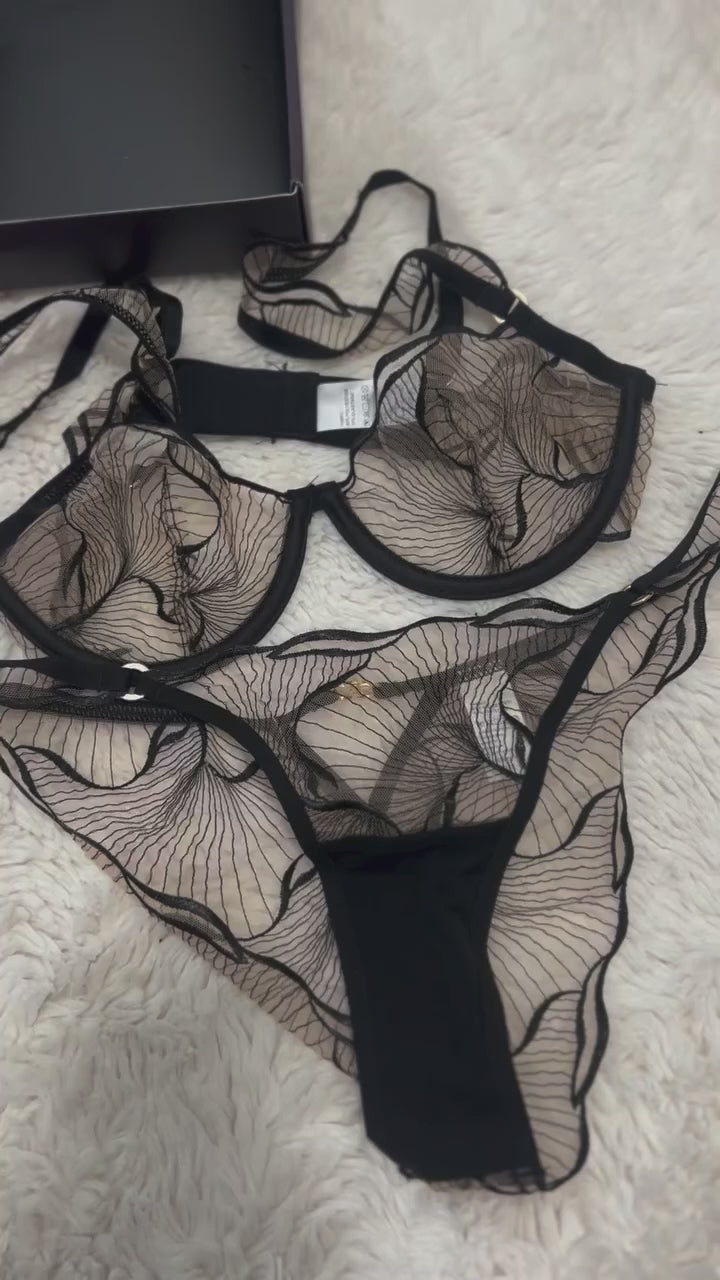 Odette Black Sheer Embroidered Set